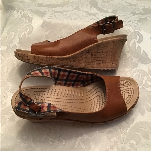 Croc leather wedge sandals Shoes - Crocs A-Leigh Caramel Wedge Leather Slingbacks